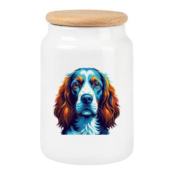 Welsh Springer Spaniel Dog Breed Cartoon Kawaii - Cookie Jar with Wooden Lid - white - Front