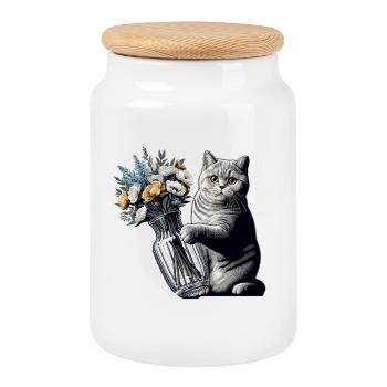 BKH Britisch Kurzhaar Katze Vase umkippen Geschenk - Keksdose mit Holzdeckel - Weiß - Vorne