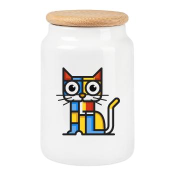 Illustration cubiste colorée d’un chat - Boîte à biscuits avec couvercle en bois - blanc - Devant