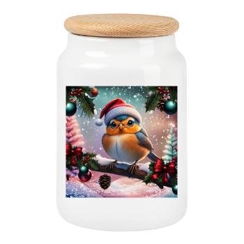 Cute Christmas bird sitting on a covered branch - Cookie Jar with Wooden Lid - white - Front