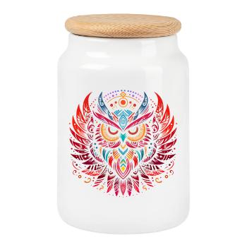 Tribal Eule Mehrfarbig Vogel Eule Geometrisch - Keksdose mit Holzdeckel - Weiß - Vorne