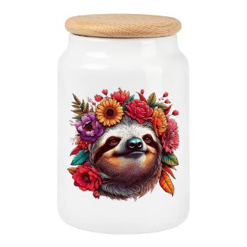 Sloth with Flowers - Cookie Jar with Wooden Lid - white - Front