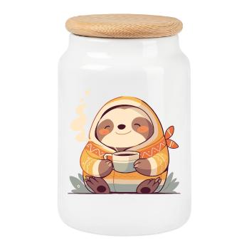 Faultier-Illustration mit seiner Tasse Kaffee - Keksdose mit Holzdeckel - Weiß - Vorne
