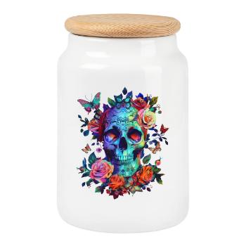 Skull with flowers and butterfly - Cookie Jar with Wooden Lid - white - Front