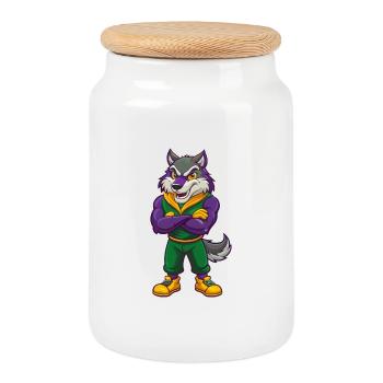 Wolf Funny Kawaii Cartoon Character Clipart - Cookie Jar with Wooden Lid - white - Front