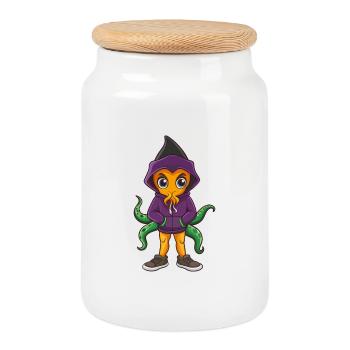 Tintenfisch Lustige Kawaii Cartoon Figur Clipart - Keksdose mit Holzdeckel - Weiß - Vorne
