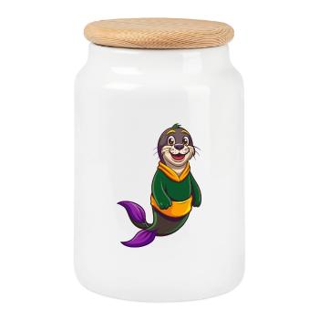 Seal Funny Kawaii Cartoon Character Clipart - Cookie Jar with Wooden Lid - white - Front
