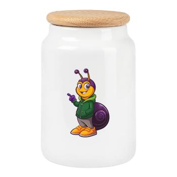 Snail Funny Kawaii Cartoon Character Clipart - Cookie Jar with Wooden Lid - white - Front