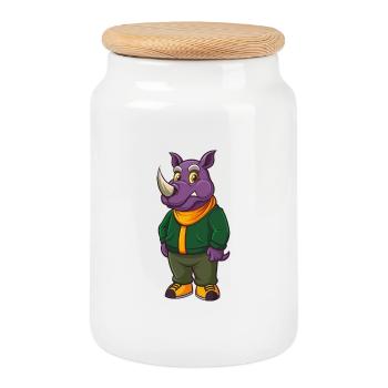 Rhino Funny Kawaii Cartoon Character Clipart - Cookie Jar with Wooden Lid - white - Front