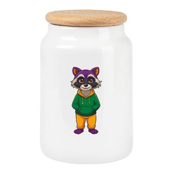 Raccoon Funny Kawaii Cartoon Character Clipart - Cookie Jar with Wooden Lid - white - Front