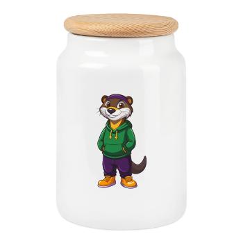 Otter Funny Kawaii Cartoon Character Clipart - Cookie Jar with Wooden Lid - white - Front