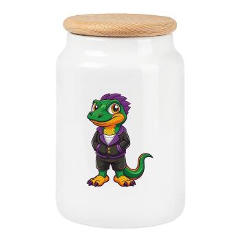 lézard drôle Kawaii dessin animé personnage Clipart - Boîte à biscuits avec couvercle en bois - blanc - Devant