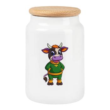 vache drôle kawaii personnage de dessin animé clipart - Boîte à biscuits avec couvercle en bois - blanc - Devant