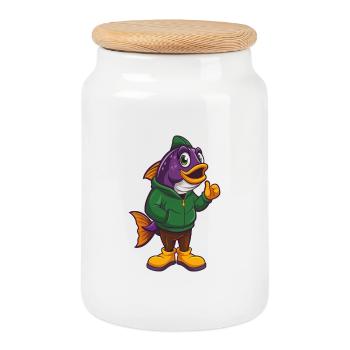 poisson drôle kawaii dessin animé personnage clipart - Boîte à biscuits avec couvercle en bois - blanc - Devant