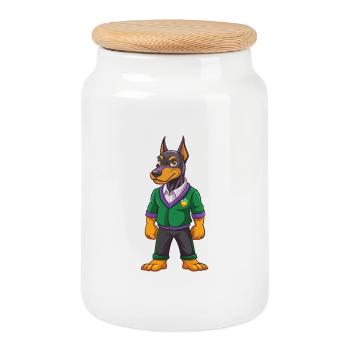 Dobermann Hund Lustige Kawaii Zeichentrickfigur - Keksdose mit Holzdeckel - Weiß - Vorne