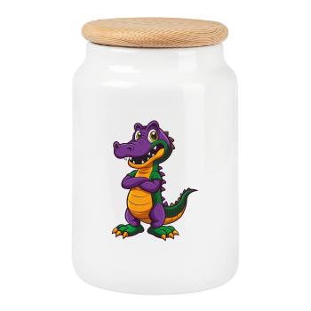 crocodile drôle kawaii dessin animé personnage clipart - Boîte à biscuits avec couvercle en bois - blanc - Devant