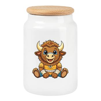 Bison mignon personnage de dessin animé Kawaii Clipart - Boîte à biscuits avec couvercle en bois - blanc - Devant