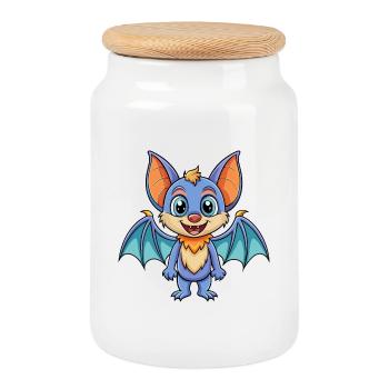 Bat Cute Cartoon Character Kawaii Clipart - Cookie Jar with Wooden Lid - white - Front