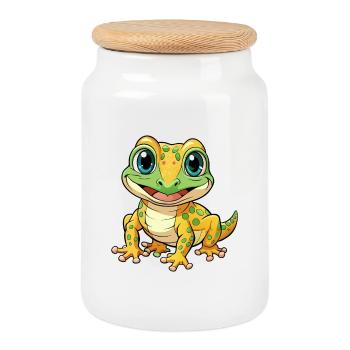 Gecko Cute Cartoon Character Kawaii Clipart - Cookie Jar with Wooden Lid - white - Front