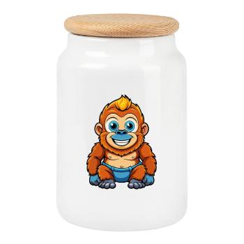 Gorilla Niedliche Zeichentrickfigur Kawaii Clipart - Keksdose mit Holzdeckel - Weiß - Vorne
