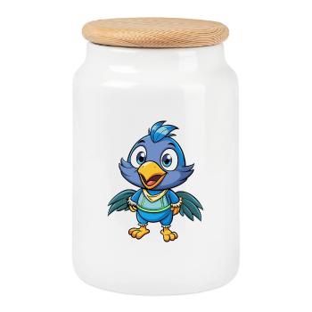 Crow Cute Cartoon Character Kawaii Clipart - Cookie Jar with Wooden Lid - white - Front