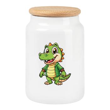 crocodile mignon personnage de dessin animé Kawaii Clipart - Boîte à biscuits avec couvercle en bois - blanc - Devant