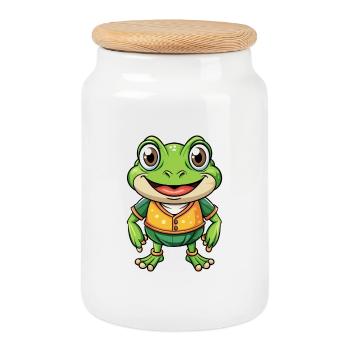 grenouille mignon personnage de dessin animé Kawaii Clipart - Boîte à biscuits avec couvercle en bois - blanc - Devant