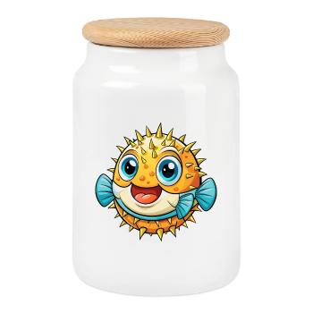 Kugelfisch Niedliche Zeichentrickfigur Kawaii Clipart - Keksdose mit Holzdeckel - Weiß - Vorne