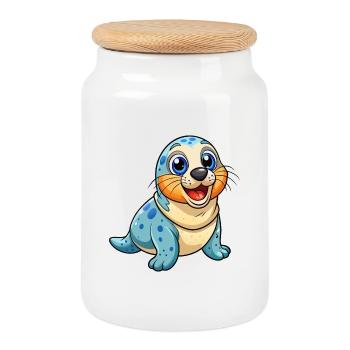 Seal Cute Cartoon Character Kawaii Clipart - Cookie Jar with Wooden Lid - white - Front
