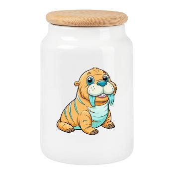 Walross Niedliche Zeichentrickfigur Kawaii Clipart - Keksdose mit Holzdeckel - Weiß - Vorne