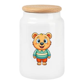Bear Cute Cartoon Character Kawaii Clipart - Cookie Jar with Wooden Lid - white - Front