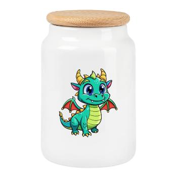 Drache Niedliche Zeichentrickfigur Kawaii Clipart - Keksdose mit Holzdeckel - Weiß - Vorne