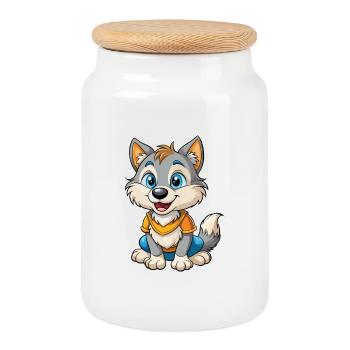 Wolf Niedliche Zeichentrickfigur Kawaii Clipart - Keksdose mit Holzdeckel - Weiß - Vorne