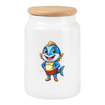 Tuna Cute Cartoon Character Kawaii Clipart - Cookie Jar with Wooden Lid - white - Front