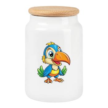 Toucan mignon personnage de dessin animé Kawaii Clipart - Boîte à biscuits avec couvercle en bois - blanc - Devant