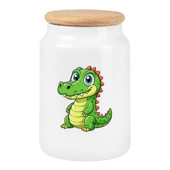 crocodile mignon personnage de dessin animé kawaii clipart - Boîte à biscuits avec couvercle en bois - blanc - Devant