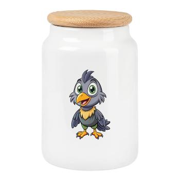 Crow Cute Cartoon Character Kawaii Clipart - Cookie Jar with Wooden Lid - white - Front