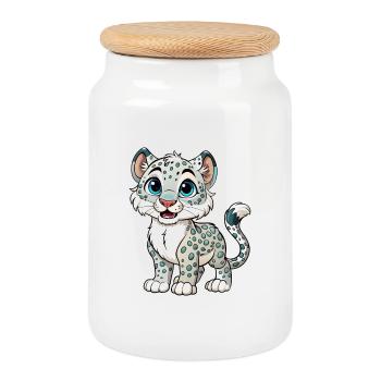 Schneeleopard Cartoon Figur Kawaii Clipart - Keksdose mit Holzdeckel - Weiß - Vorne