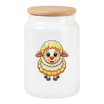 Sheep Cute Cartoon Character Kawaii Clipart - Cookie Jar with Wooden Lid - white - Front