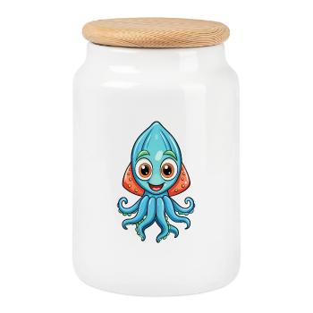 Tintenfisch Niedliche Zeichentrickfigur Kawaii Clipart - Keksdose mit Holzdeckel - Weiß - Vorne