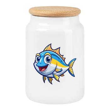 Tuna Cute Cartoon Character Kawaii Clipart - Cookie Jar with Wooden Lid - white - Front