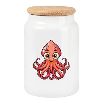 Tintenfisch Niedliche Zeichentrickfigur Kawaii Clipart - Keksdose mit Holzdeckel - Weiß - Vorne