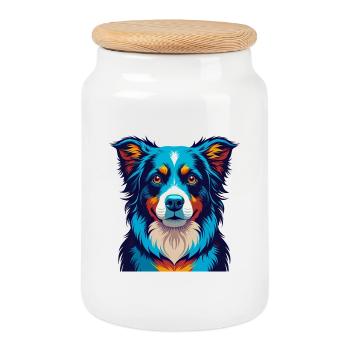 Chien de berger australien Dessin animé kawaii coloré - Boîte à biscuits avec couvercle en bois - blanc - Devant