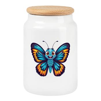 papillon coloré kawaii dessin animé personnage animal de compagnie - Boîte à biscuits avec couvercle en bois - blanc - Devant