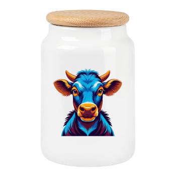 vache coloré kawaii dessin animé personnage clipart - Boîte à biscuits avec couvercle en bois - blanc - Devant