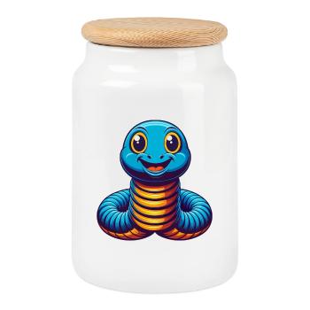 Ver de terre coloré Kawaii personnage de dessin animé Animal de compagnie - Boîte à biscuits avec couvercle en bois - blanc - Devant