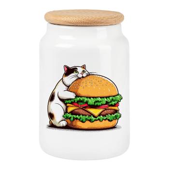 Gourmet cat and hamburger - Cookie Jar with Wooden Lid - white - Front