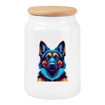 German Shepherd Dog Colorful Kawaii Cartoon Animal - Cookie Jar with Wooden Lid - white - Front