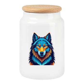 Loup Arctique Coloré Kawaii Dessin Animé Personnage Animal de compagnie - Boîte à biscuits avec couvercle en bois - blanc - Devant