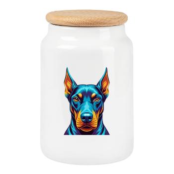 Dobermann chien coloré Kawaii personnage de dessin animé - Boîte à biscuits avec couvercle en bois - blanc - Devant